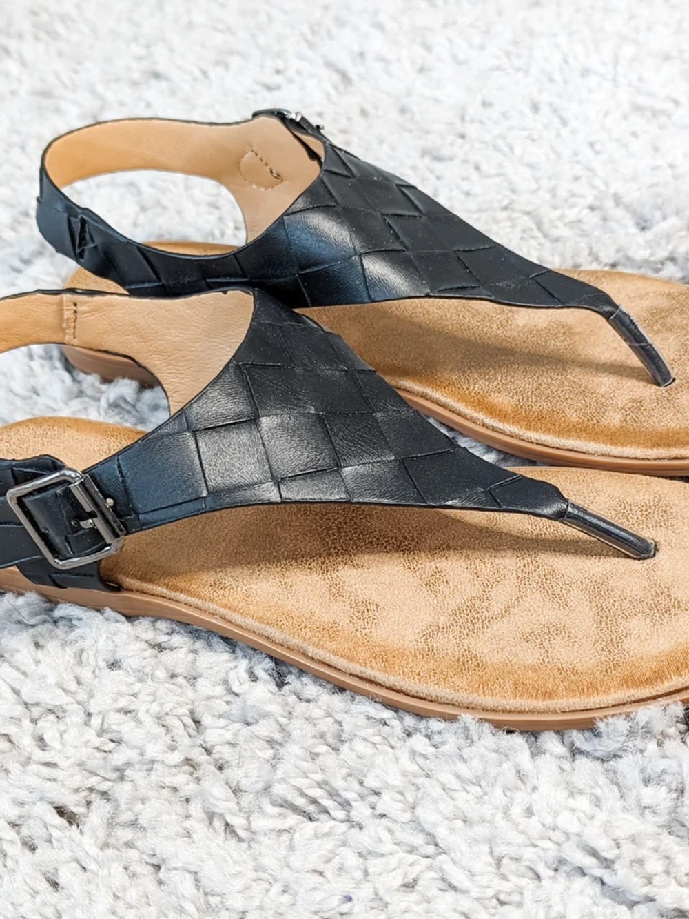 Woven Leather Slingback Thong Sandals - Black